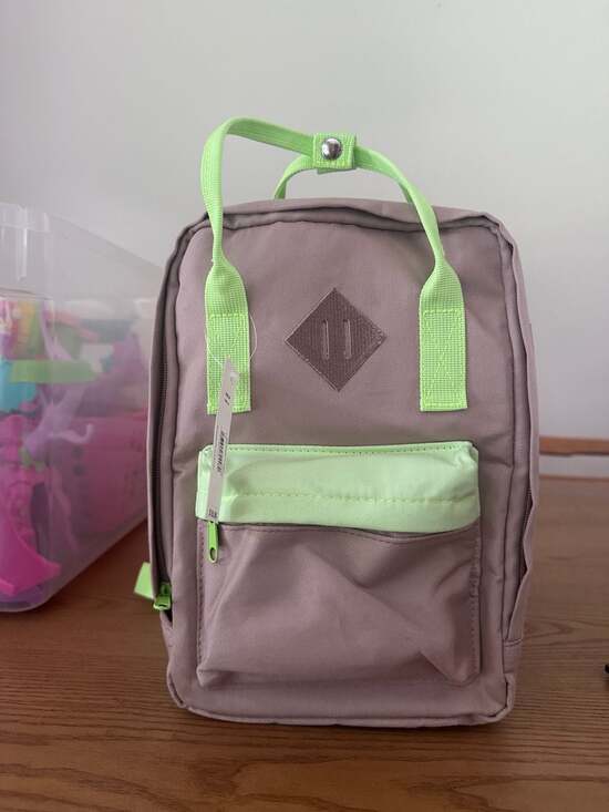 No Boundaries Handbags - No Boundaries Mini Square Backpack Tan with Neon Green Straps